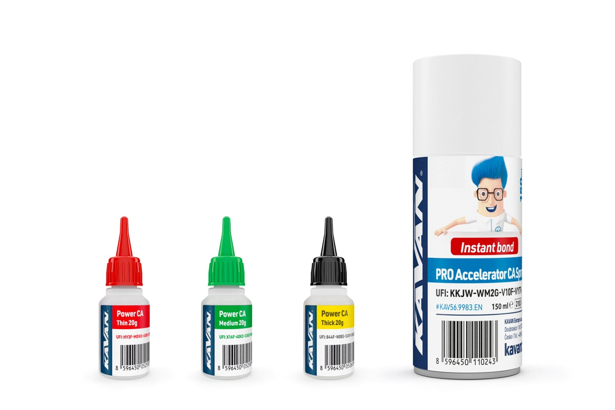KAVAN POWER CA PACK 3x20g Super Glue(Thin, Med, Thick) + activator PRO 150ml (EN)